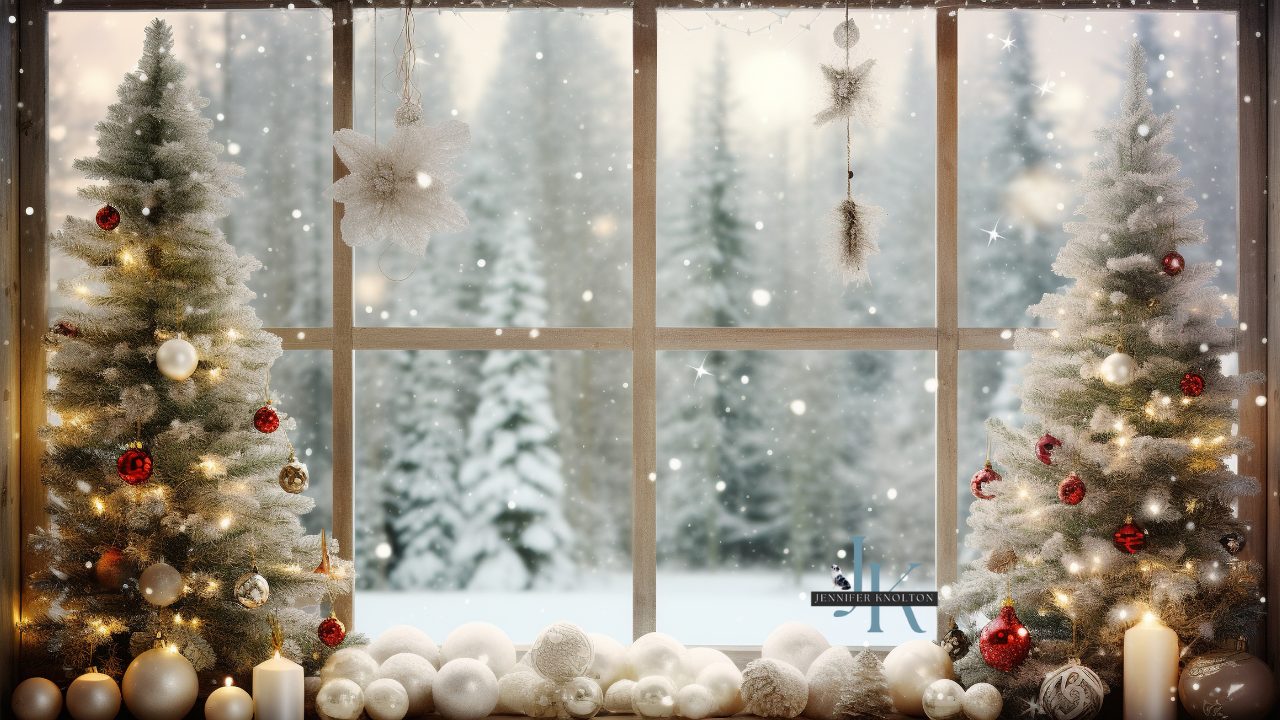 Winter holiday home decor with snow outside a window, representing December home buying season in West Tennessee