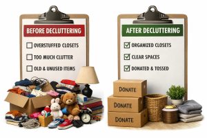 Before and after decluttering checklist showing cluttered items compared to organized donation boxes for homeowners preparing to move in West Tennessee
