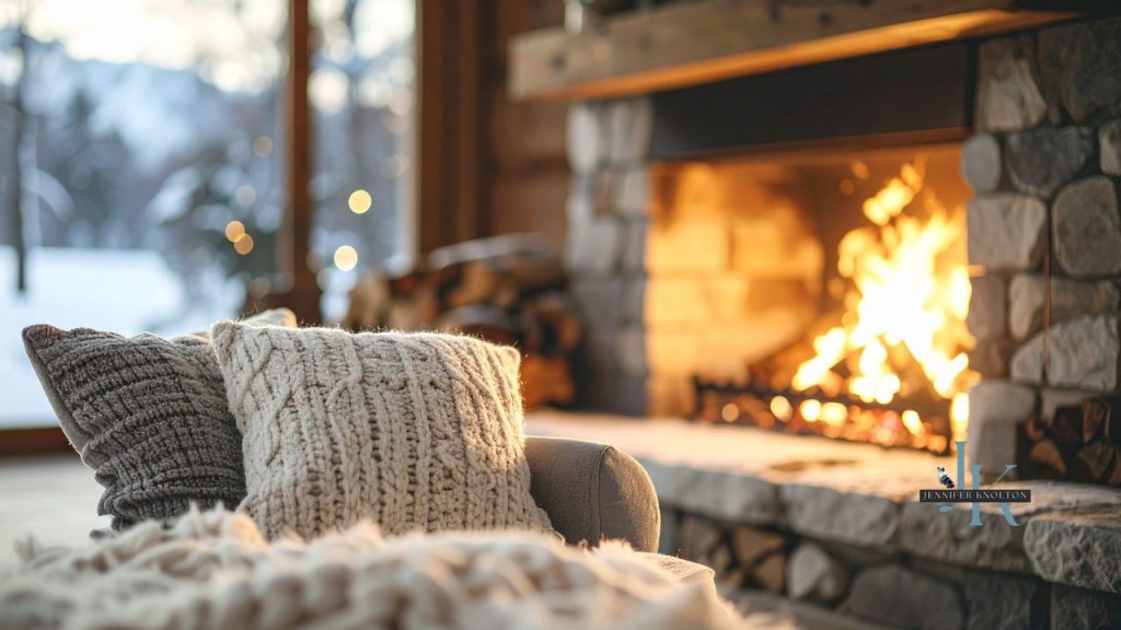 Cozy living room with a fireplace during winter, representing winter home maintenance for West Tennessee homeowners